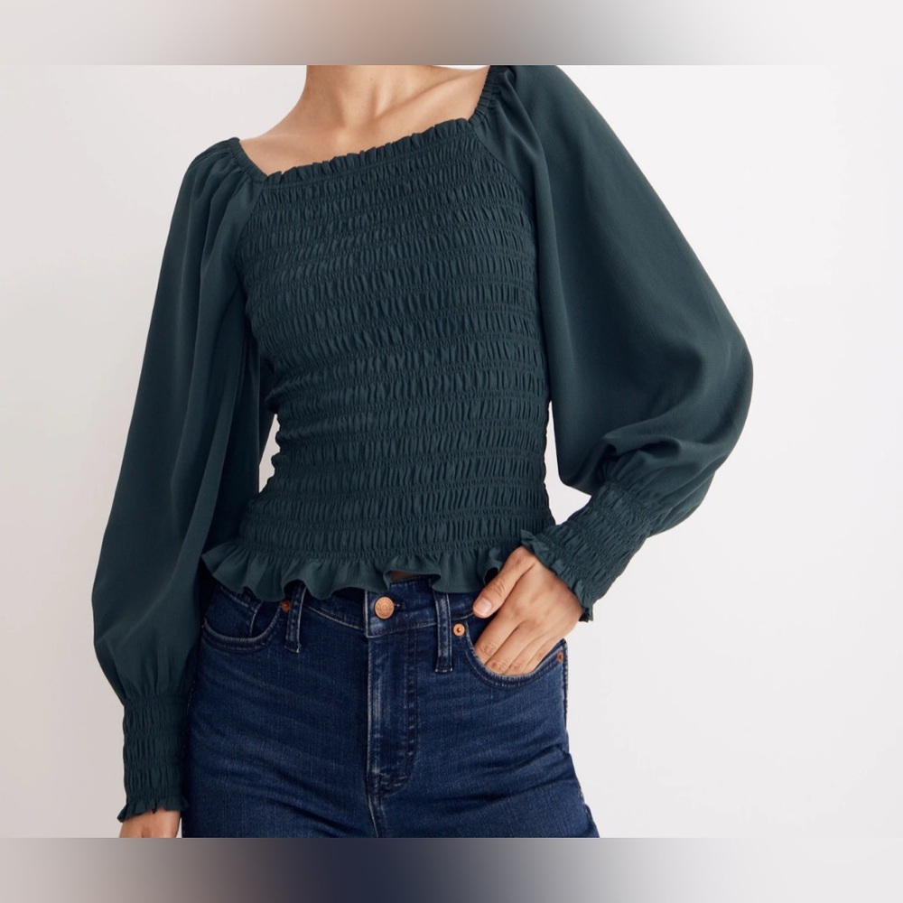 Madewell Lucie Green Smocked Bubble Blouse